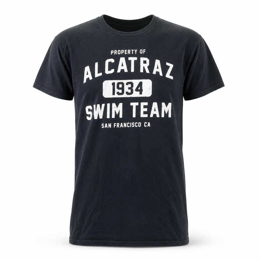 Front view of Anvil Men's Black Alcatraz Swim Team 1934 Graphic T-Shirt, size M
