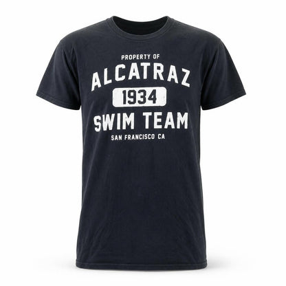 Front view of Anvil Men's Black Alcatraz Swim Team 1934 Graphic T-Shirt, size M