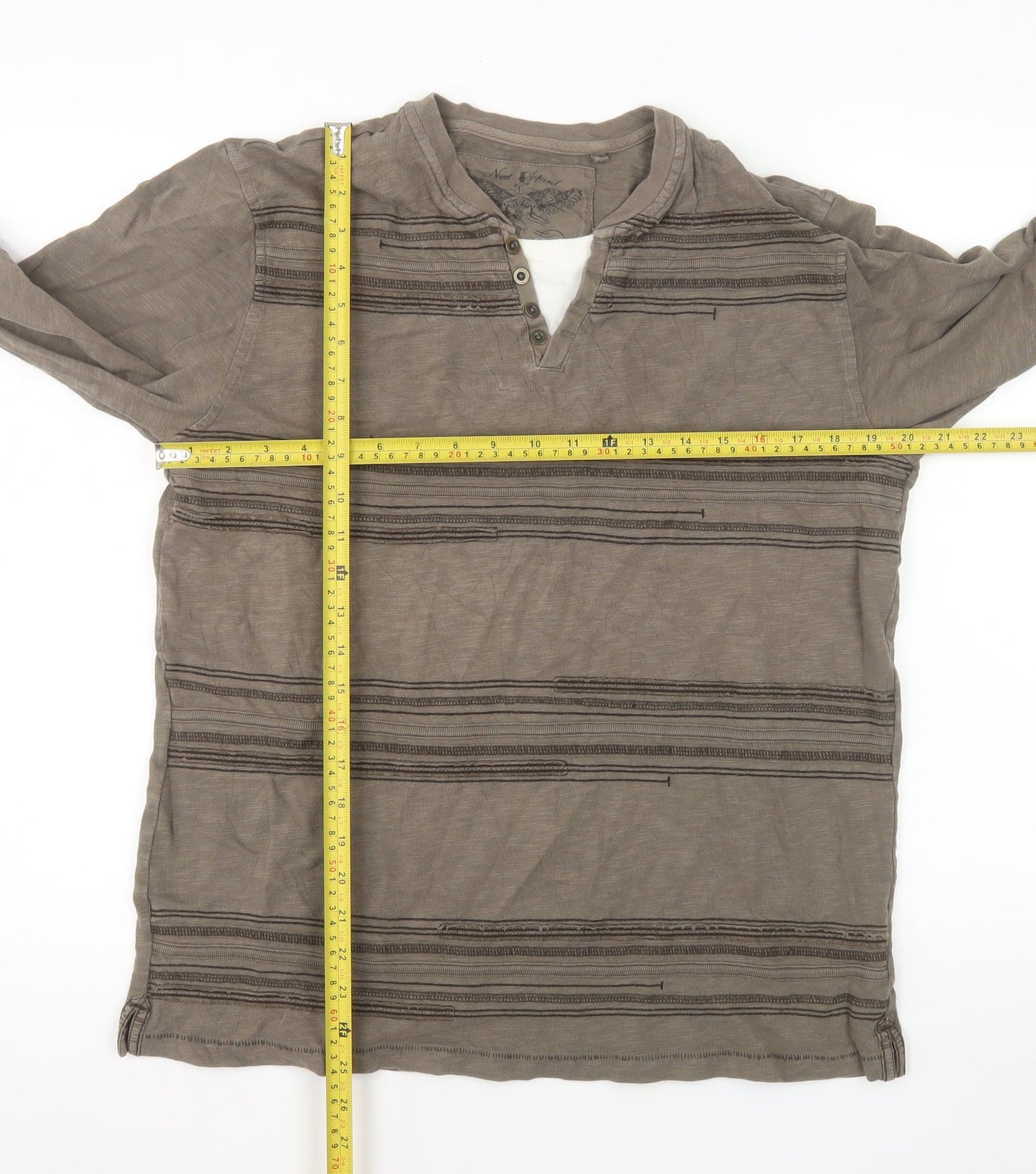 Next Men's Brown Cotton Long Sleeve Henley Top Size L
