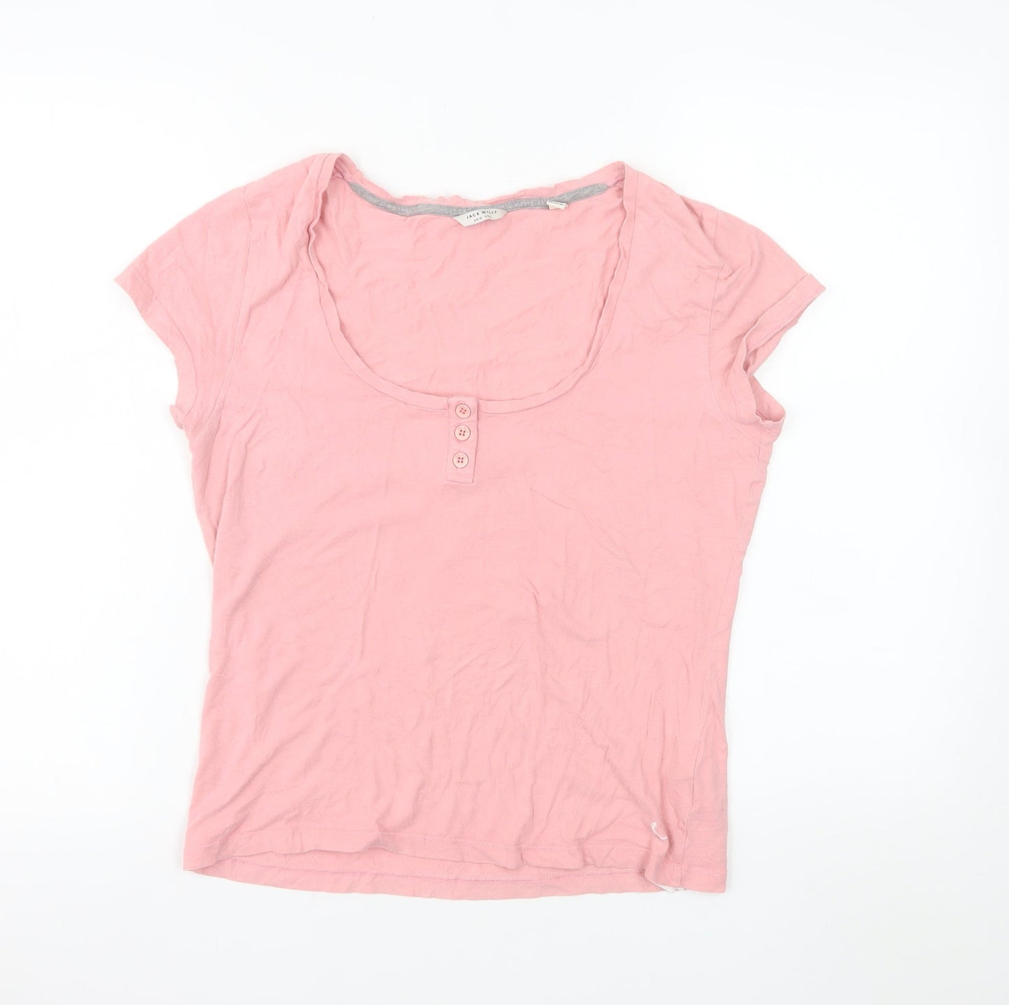 Jack Wills Womens Pink Cotton Scoop Neck Button T-Shirt UK 10