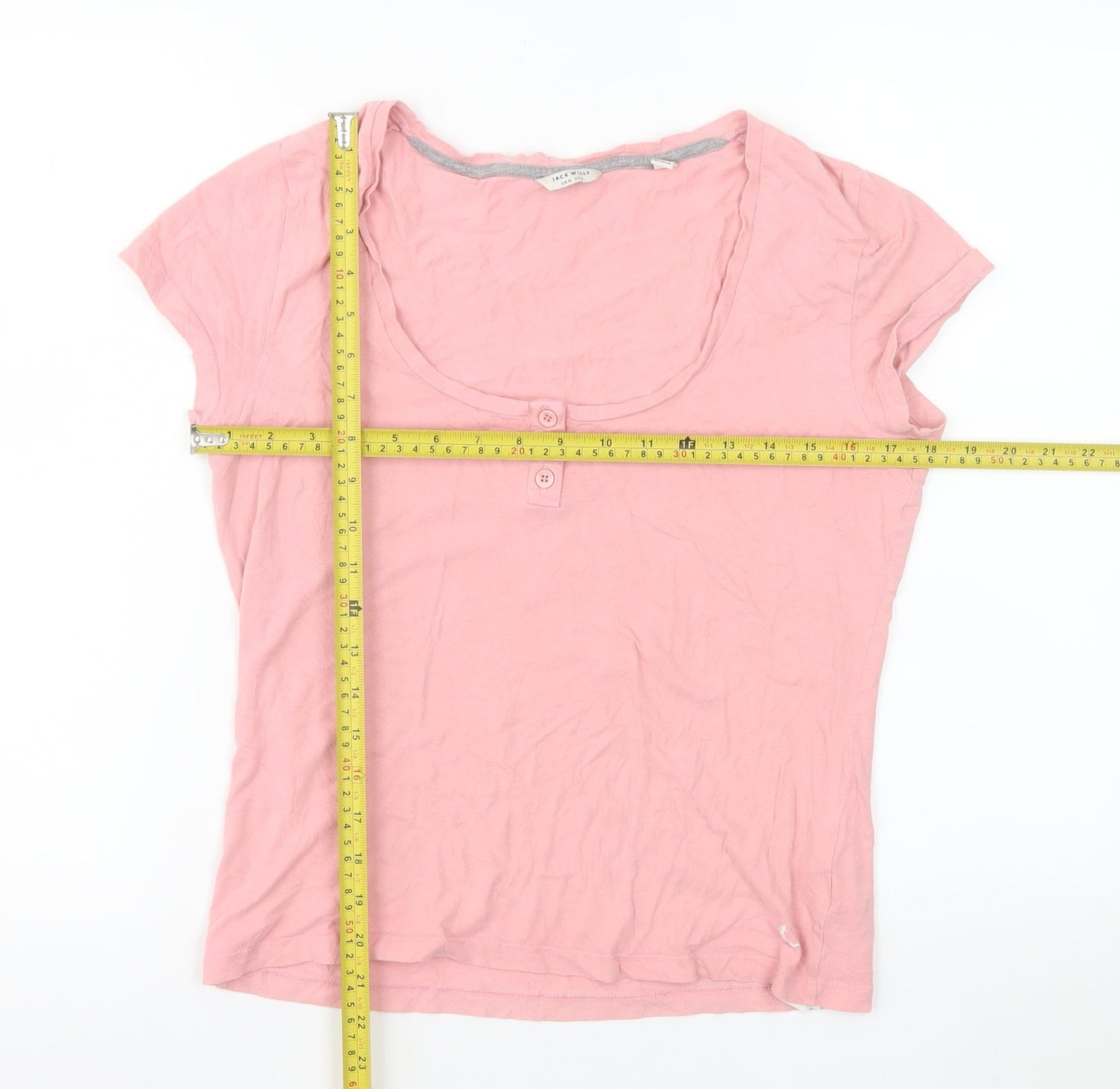 Jack Wills Womens Pink Cotton Scoop Neck Button T-Shirt UK 10