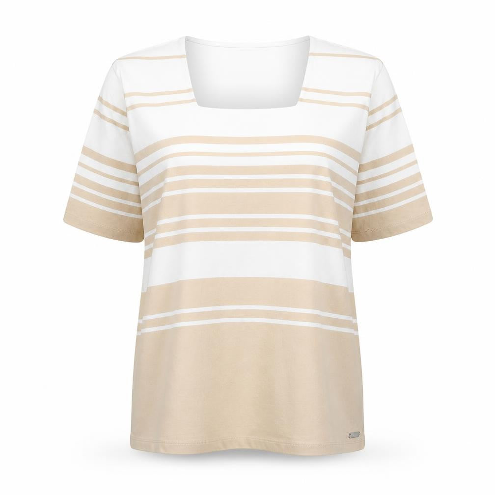 TIGI Women’s Beige White Striped Square Neck Plus Size T-Shirt 22