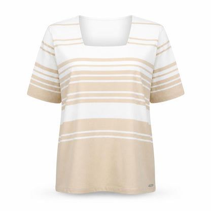 TIGI Women’s Beige White Striped Square Neck Plus Size T-Shirt 22