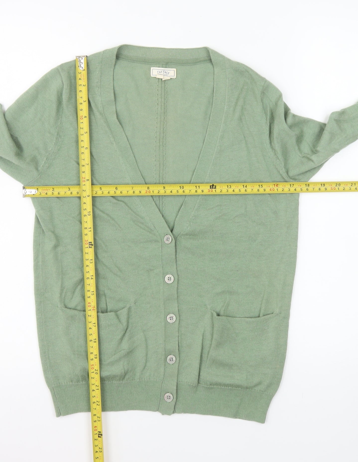 Fat Face Women's Green Cardigan UK 10 Wool Blend V-Neck Button Front