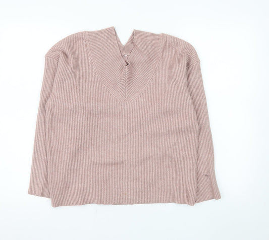 Next Womens Pink V-Neck Ribbed Knit Jumper Size 14