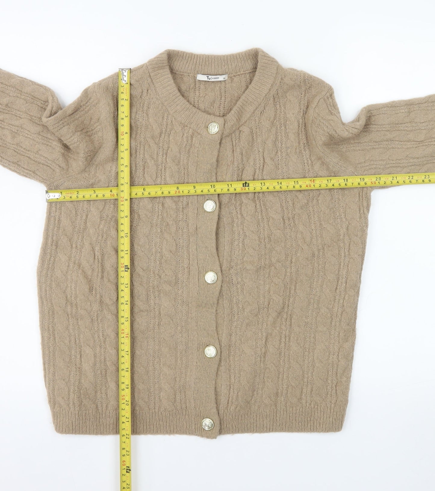 Tu Women’s Beige Cable-Knit Button Cardigan Size 10