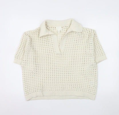 H&M Men Ivory Open-Knit Collared Short Sleeve Polo Jumper L