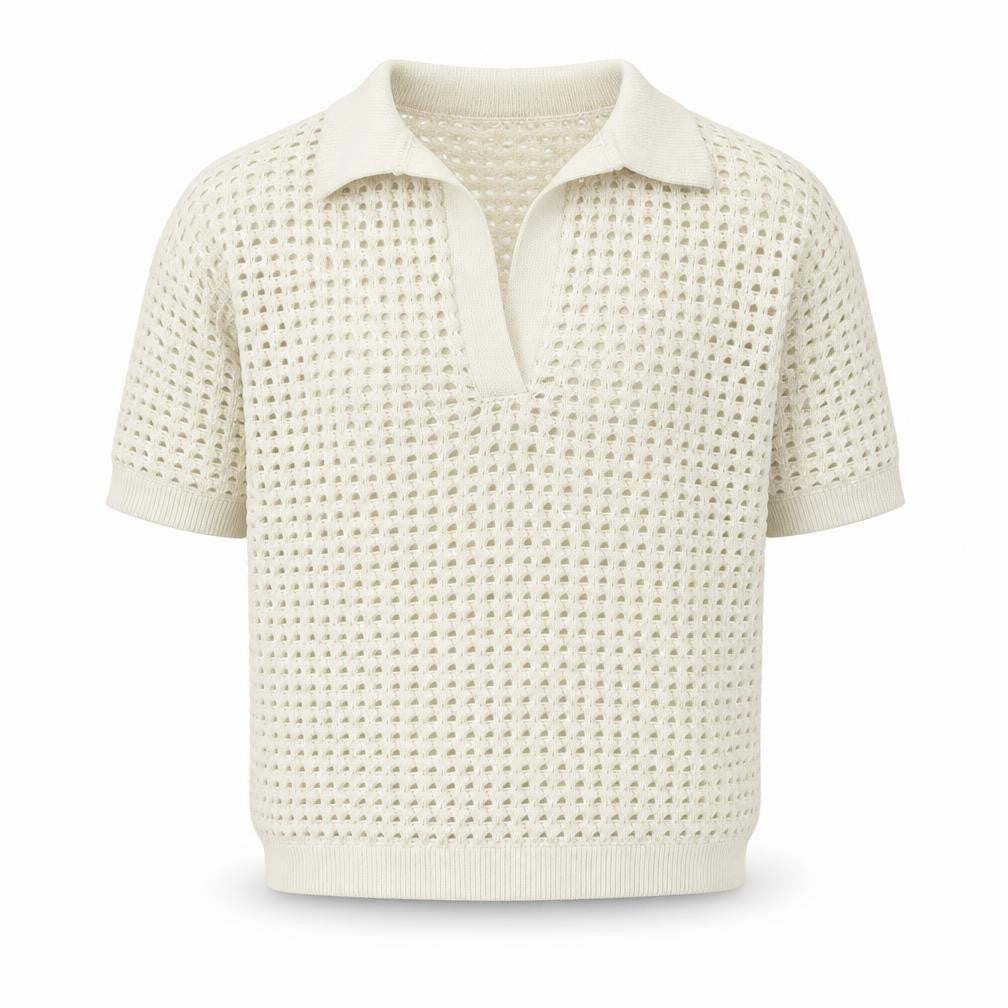 H&M Men Ivory Open-Knit Collared Short Sleeve Polo Jumper L