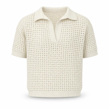 H&M Men Ivory Open-Knit Collared Short Sleeve Polo Jumper L