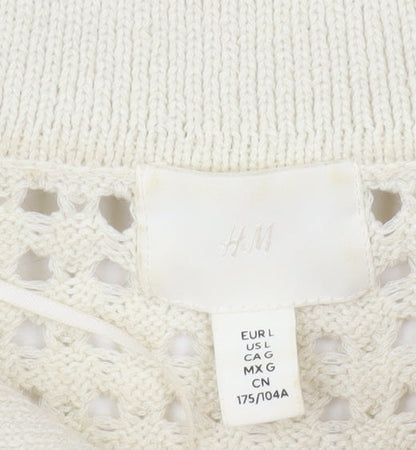 H&M Men Ivory Open-Knit Collared Short Sleeve Polo Jumper L