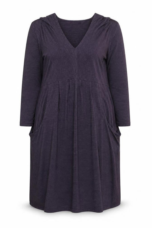 Front view of Kaliko Women’s Purple Striped Jersey V-Neck Shift Dress, size UK 14