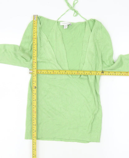 Topshop Women’s Green Ribbed V-Neck Cropped Long Sleeve Top S