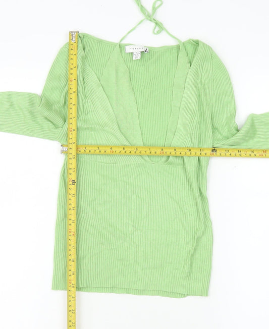 Topshop Women’s Green Ribbed V-Neck Cropped Long Sleeve Top S