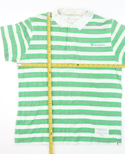 Champion Men's Green Striped Polo Shirt Medium Cotton