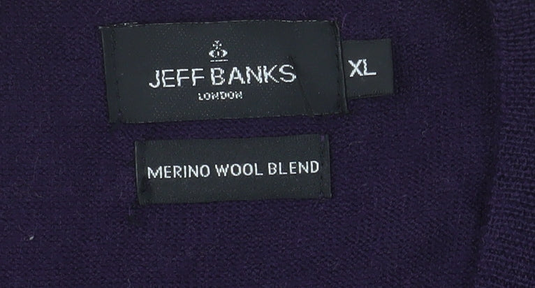 Jeff Banks Men's Purple XL Merino Wool Blend V-Neck Jumper