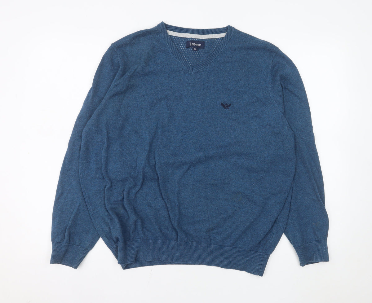 Emblems Men Blue 2XL V-Neck Pullover Jumper Classic Knit