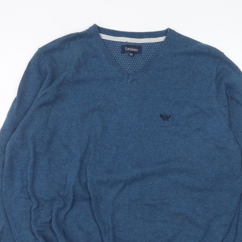 Emblems Men Blue 2XL V-Neck Pullover Jumper Classic Knit