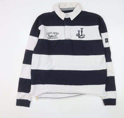 Lazy Jacks Men's Blue White Striped Rugby Polo Shirt L Long Sleeve Cotton