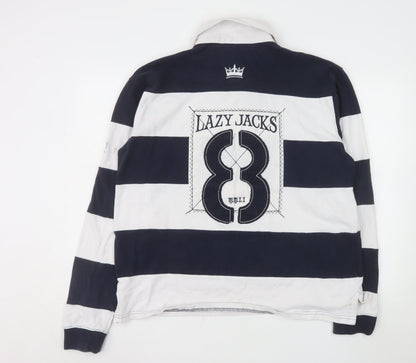 Lazy Jacks Men's Blue White Striped Rugby Polo Shirt L Long Sleeve Cotton