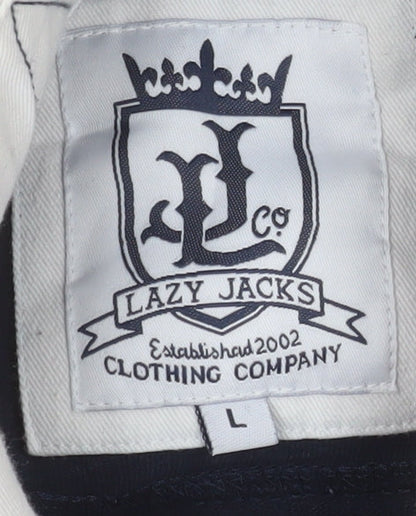 Lazy Jacks Men's Blue White Striped Rugby Polo Shirt L Long Sleeve Cotton