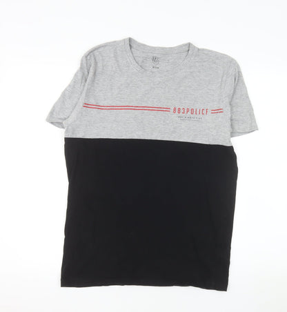 883 Police Men's Grey and Black Colourblock Crew Neck Cotton T-Shirt Medium