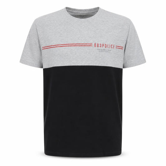 883 Police Men's Grey and Black Colourblock Crew Neck Cotton T-Shirt Medium