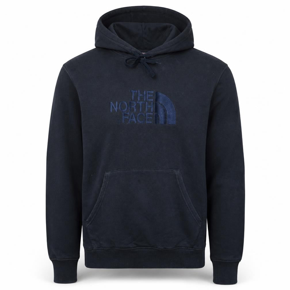 Front view of The North Face Men's Blue Pullover Hoodie, size L, Embroidered Logo