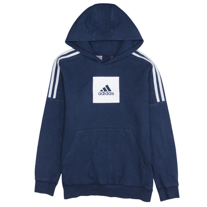 Adidas Boys Blue Pullover Hoodie with Logo and Striped Sleeves - Size 12-13 Years