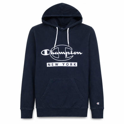 Front view of Champion boys’ black small pullover hoodie new york logo graphic print