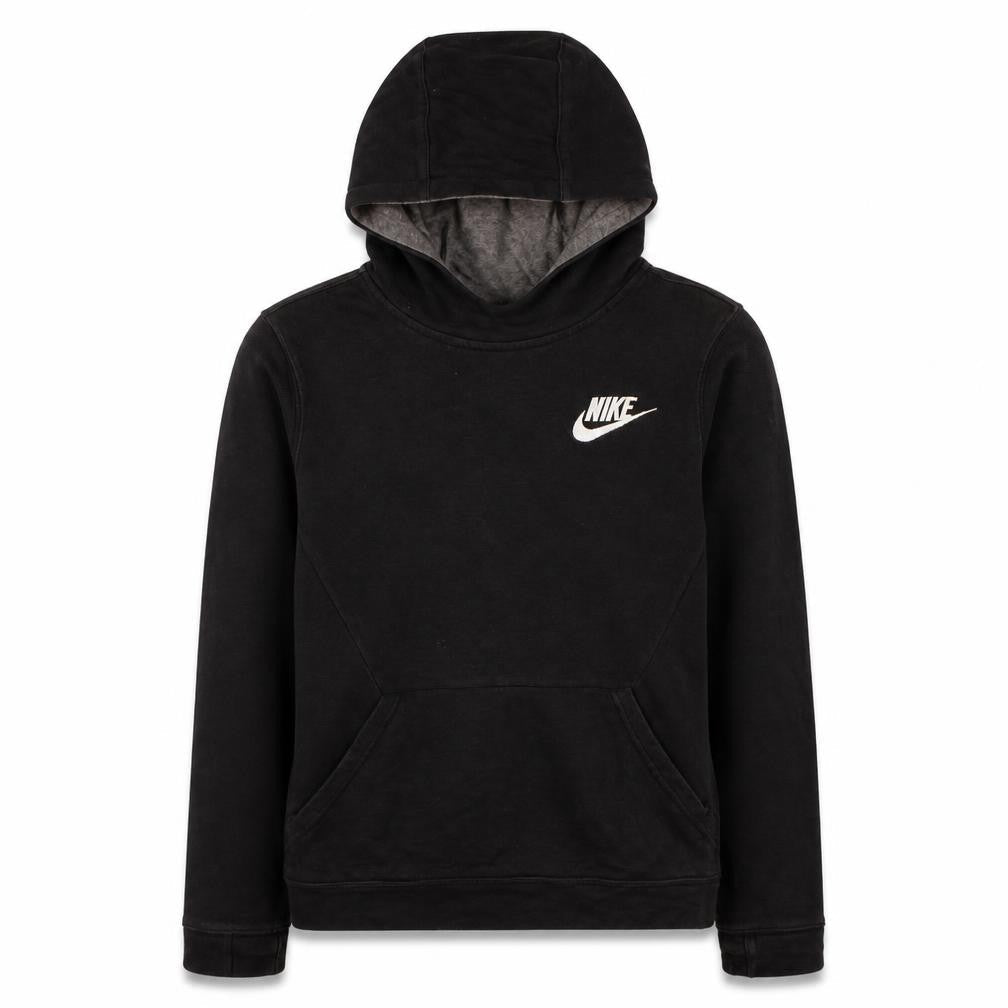 Front view of Nike boys’ black pullover hoodie l logo print cotton blend sweatshirt
