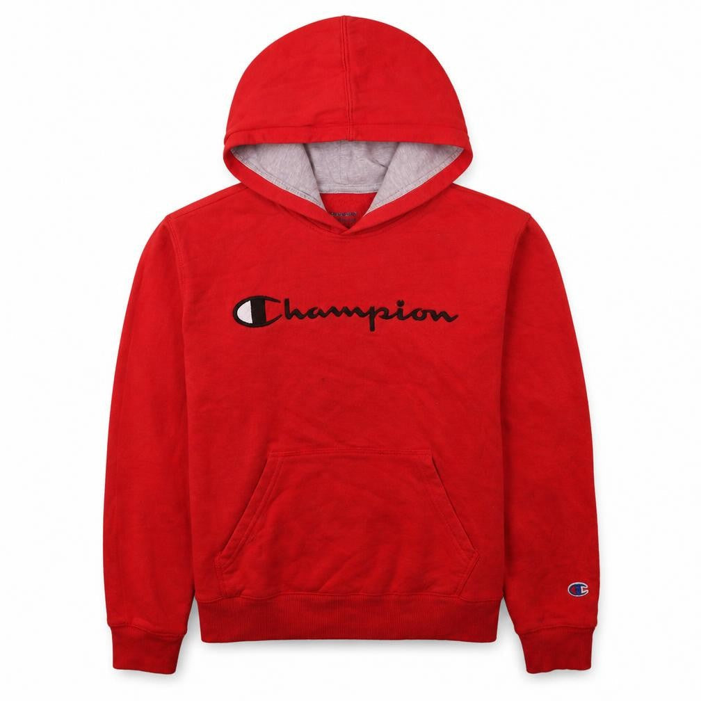Front view of Champion women’s red pullover hoodie, size L, hooded sweatshirt