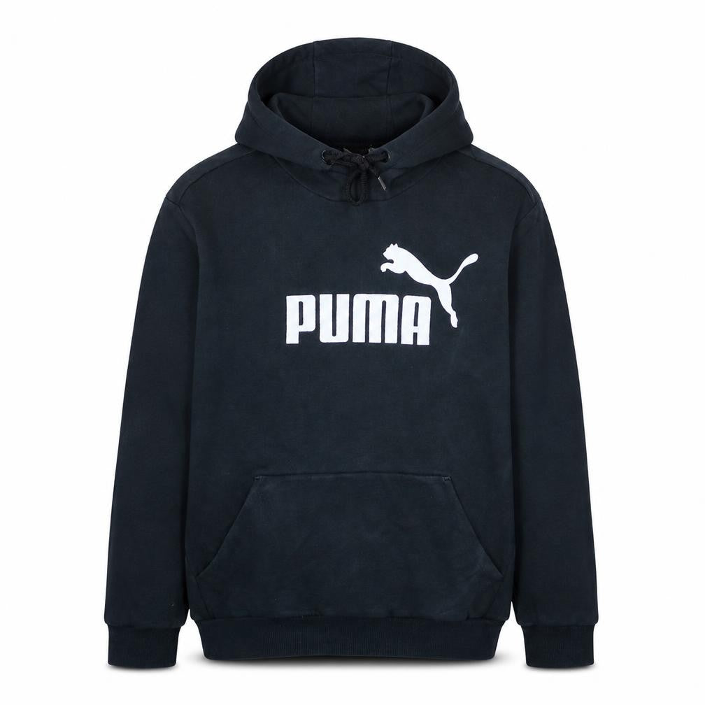 Front view of Puma Men's Black Pullover Hoodie, size L, Graphic Sportswear