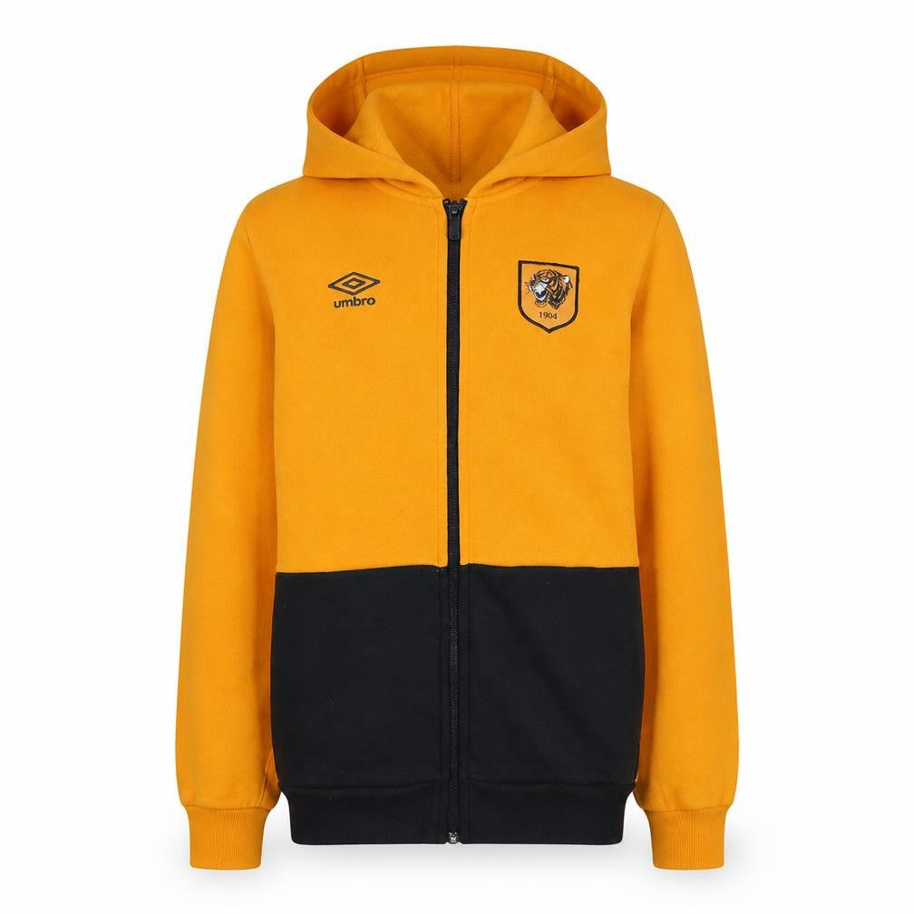 Front view of Umbro boys’ gold & black full zip hoodie, size 158, football club logo