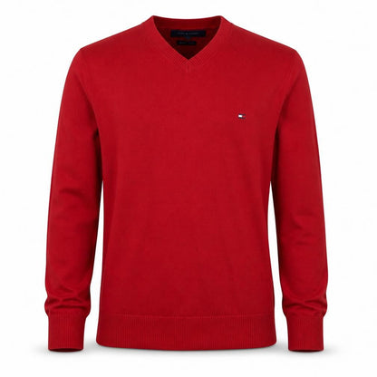 Tommy Hilfiger Men's Red V-Neck Cotton Pullover Jumper Size S