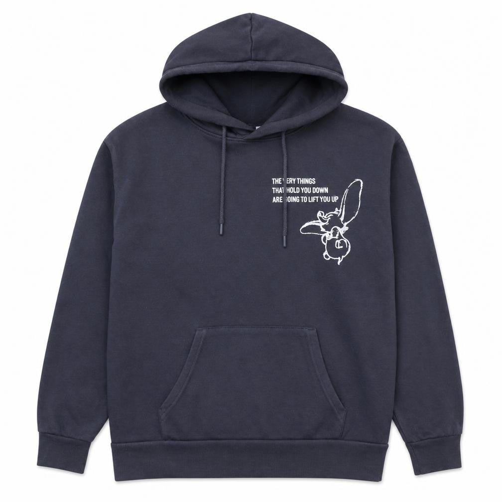 Front view of Disney Women’s Navy Dumbo Hoodie, size L, 14/16 Pullover Graphic