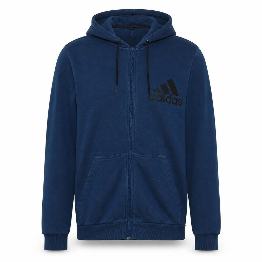 Front view of Adidas Men's Blue Full Zip Hoodie, size M, Sports Fleece