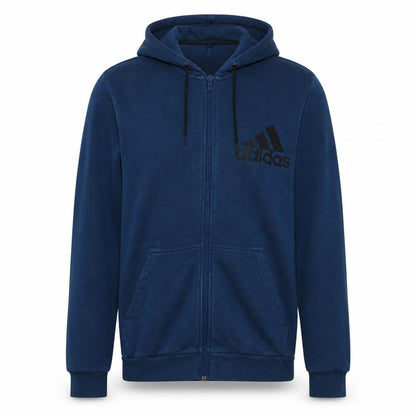 Front view of Adidas Men's Blue Full Zip Hoodie, size M, Sports Fleece