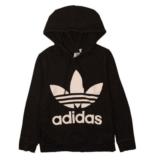 Adidas Women Black Hooded Pullover Hoodie UK 12 Logo Print Cotton Blend
