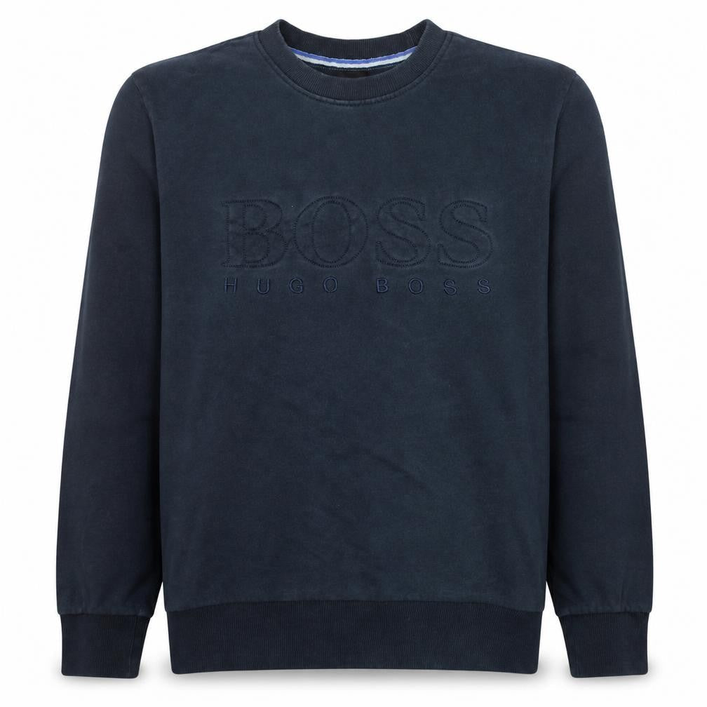 Front view of Hugo Boss men’s blue crew neck embroidered logo sweatshirt, size M