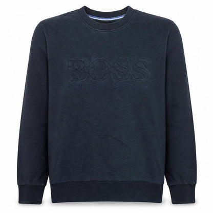 Front view of Hugo Boss men’s blue crew neck embroidered logo sweatshirt, size M