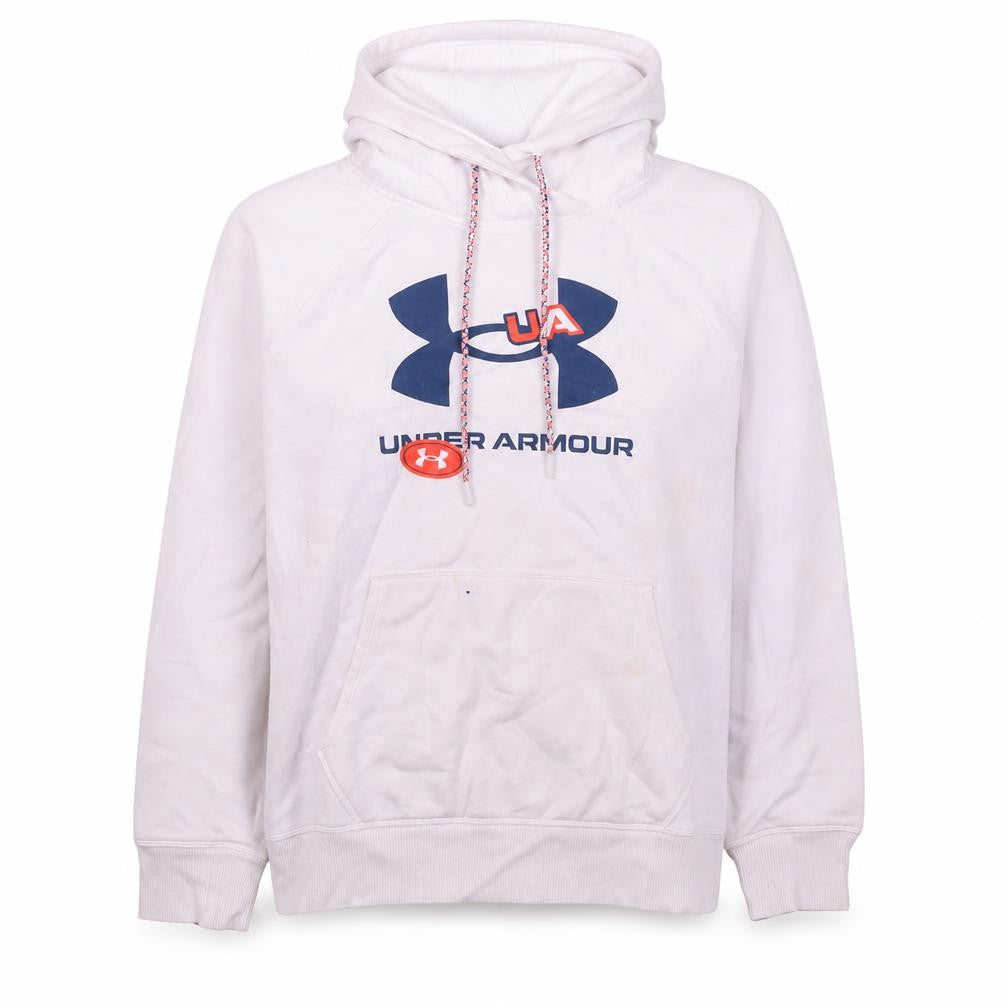 Front view of Under Armour women’s white pullover hoodie, size L, loose fit ua logo
