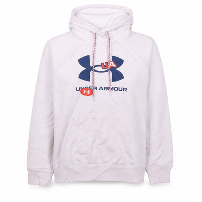 Front view of Under Armour women’s white pullover hoodie, size L, loose fit ua logo