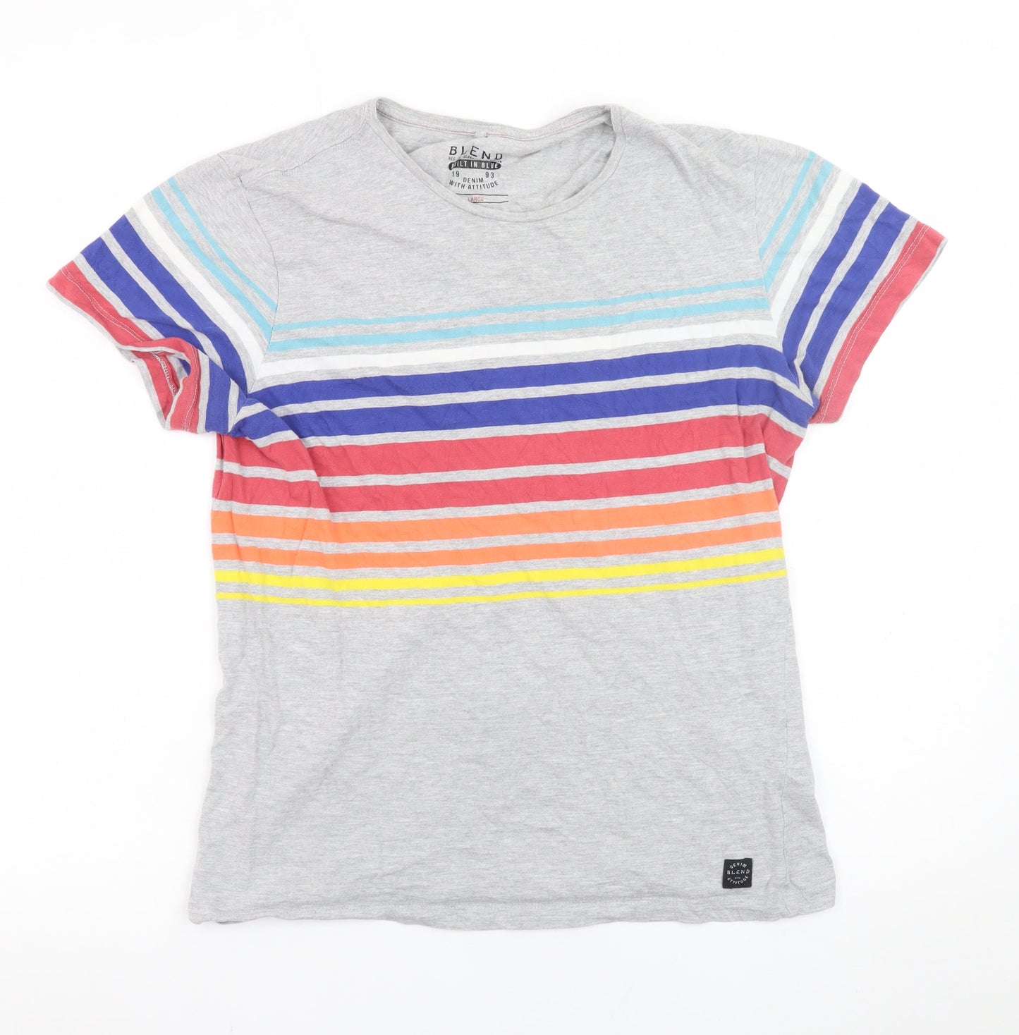 Blend Women's Grey Striped Cotton T-Shirt Size L Casual Summer Top