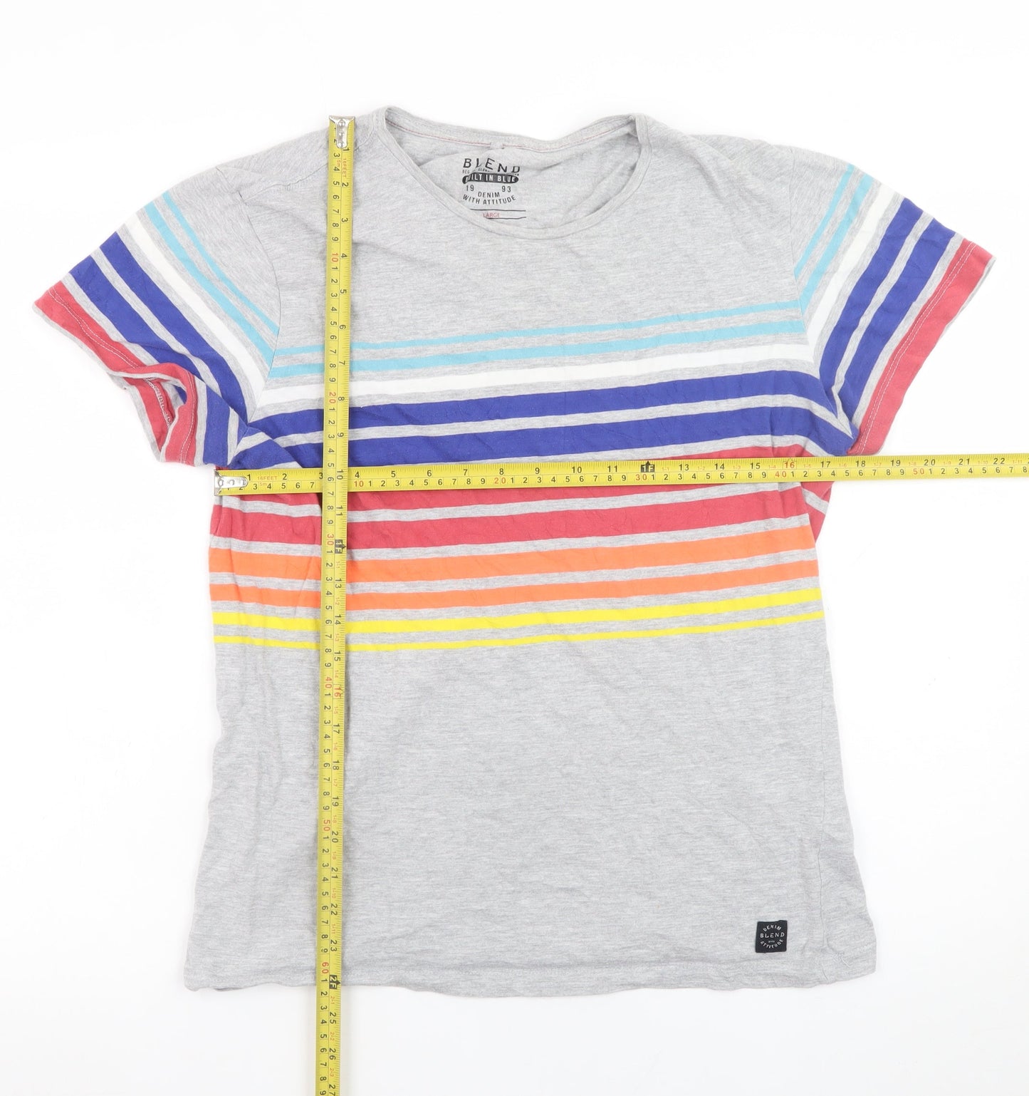 Blend Women's Grey Striped Cotton T-Shirt Size L Casual Summer Top