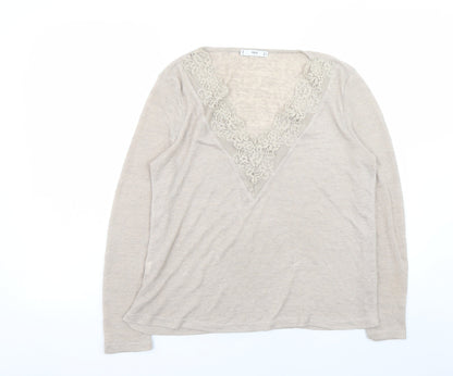 MNG Women’s Beige V-Neck Lace Trim Long Sleeve Knit Jumper Size 12