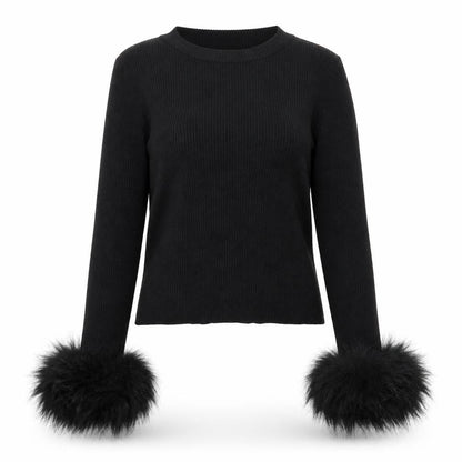 Pink Vanilla Women's Black Faux Fur Trim Knit Long Sleeve Top M/L