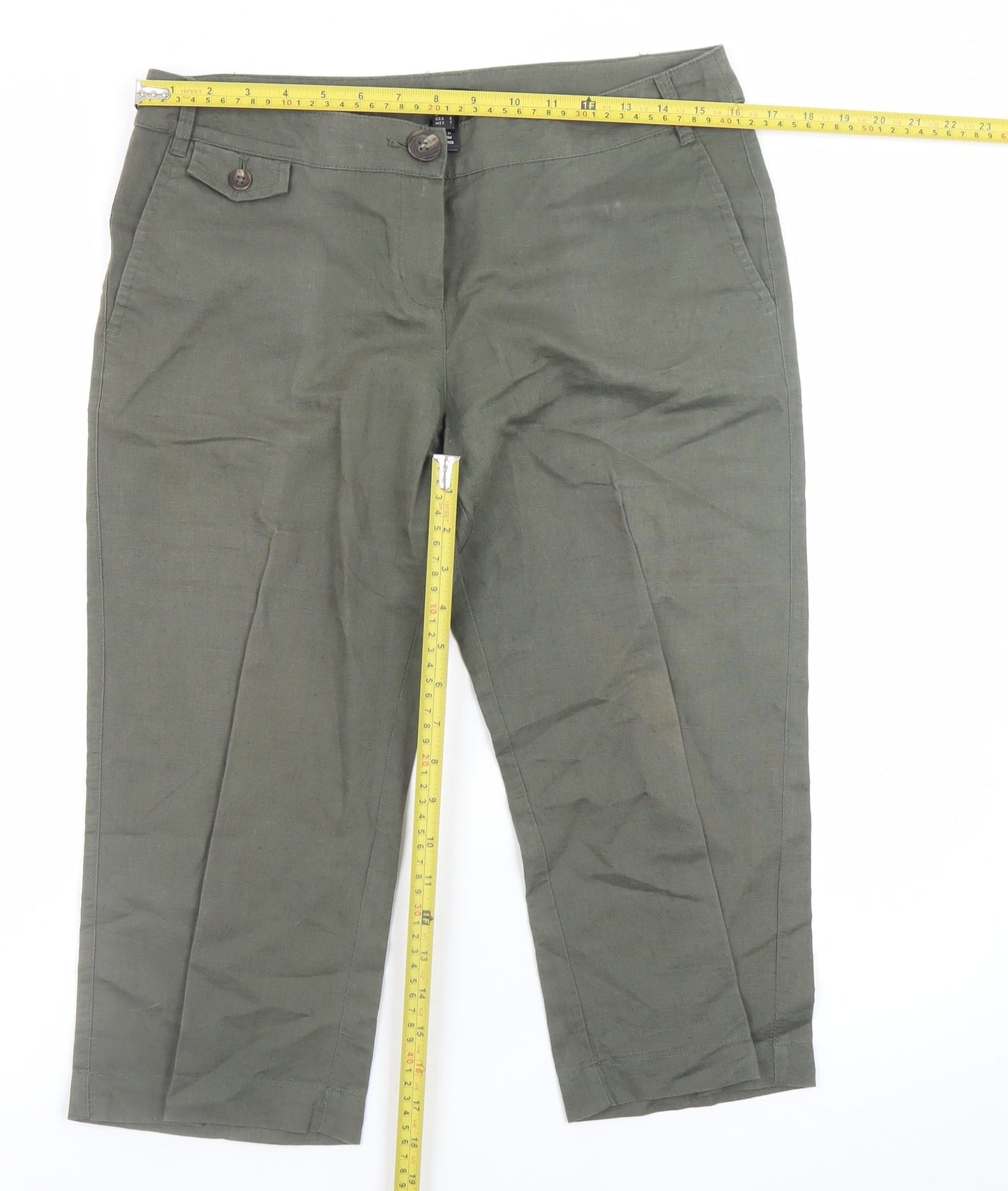 Mango Women Green Linen Cropped Trousers Size 12 Regular Fit