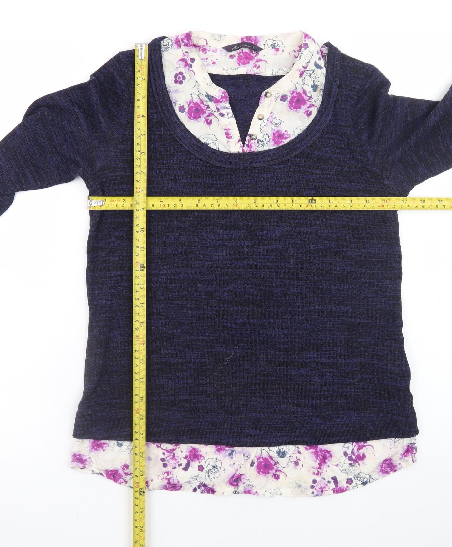 Marks and Spencer Women Navy Floral Layered Long Sleeve Blouse UK 8