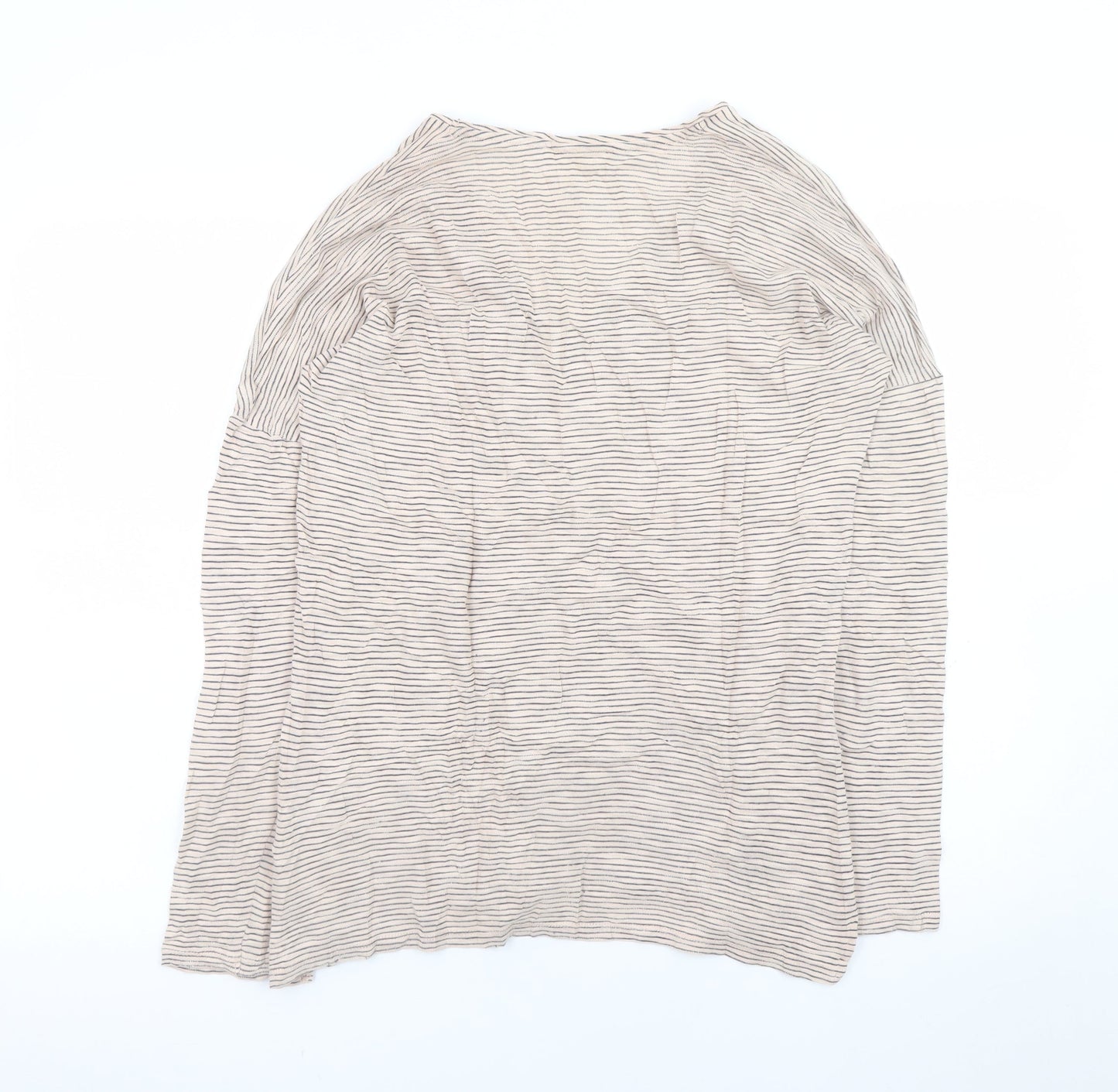 Marks and Spencer Womens Beige Striped V-Neck Long Sleeve T-Shirt UK 12