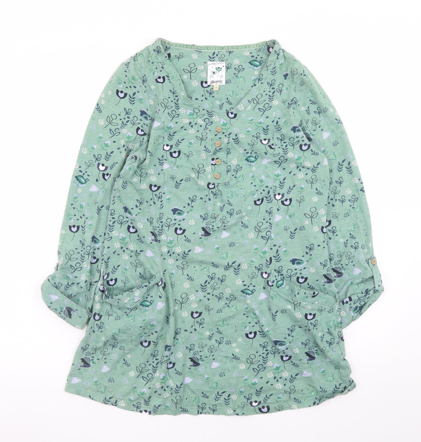 Mantaray Women’s Green Floral V-Neck Long Sleeve Tunic Blouse Size 14